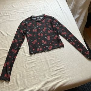 Valfre black mesh knit cherry heart print long sleeve T-shirt